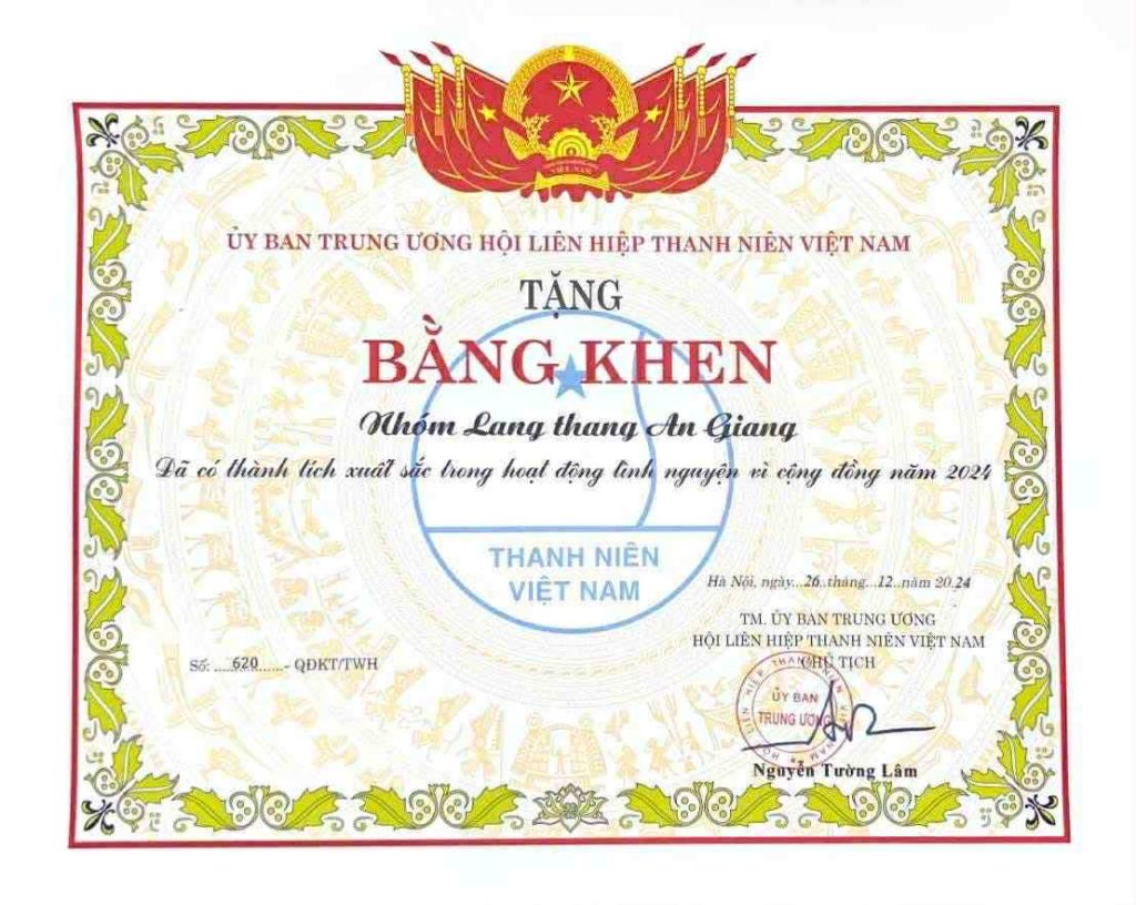 Bằng khen cấp Trung ương do Ủy ban Trung ương Hội Liên hiệp Thanh niên Việt Nam tặng nhóm Lang Thang An Giang
